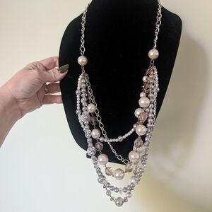 Beads And Faux Pearl and Silver Multi-Strand Necklace